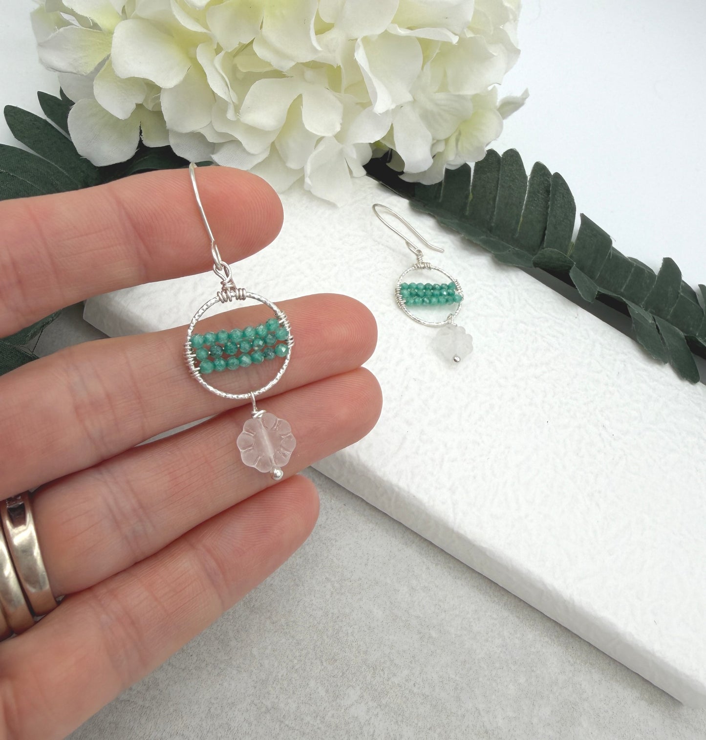 Earrings with Wire Wrapped Sea Foam Cubic Zirconia, Diamond Cut Loops and Frosted Flowers CHE-510