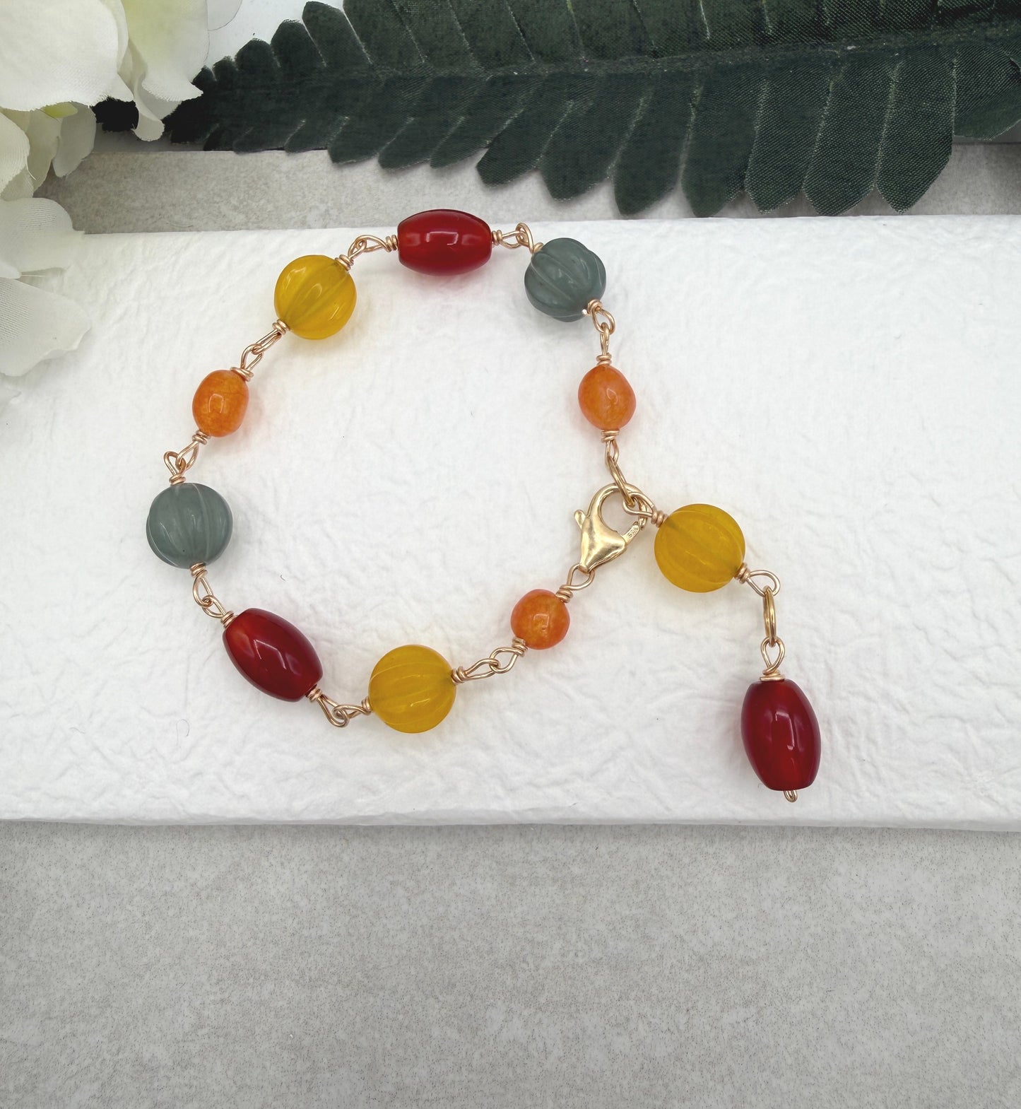 Bracelet with Orange, Yellow and Blue Jade and Red Agate and Gold Filled Wire GBNB-10