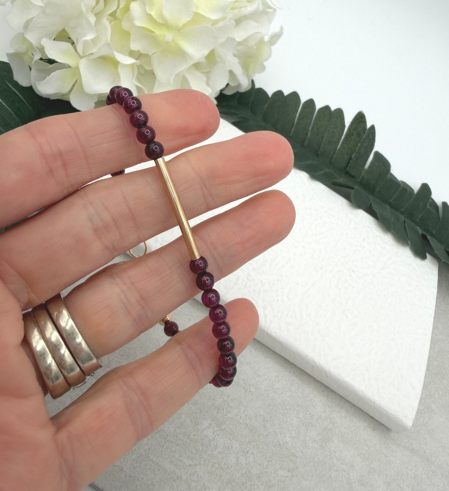 Bracelet with Garnet Beads and a Gold Filled Tube GBNB-8
