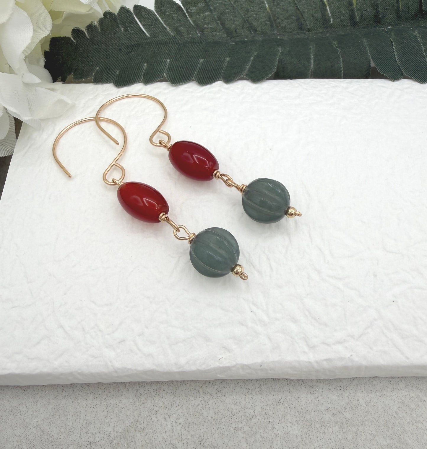 Earrings with Red Agate and Blue Jade Beads on Gold Filled Wires GHE-210