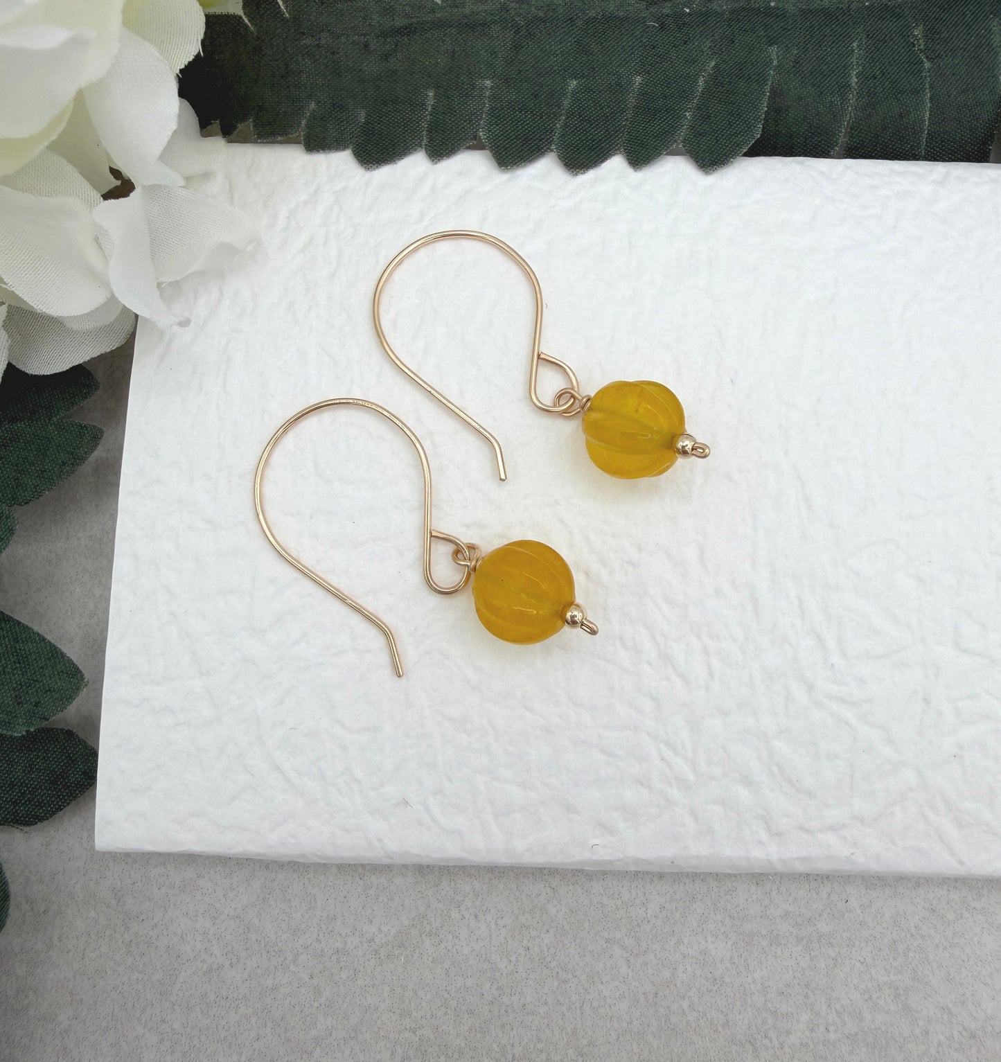 Earrings with Yellow Jade Beads on Gold Filled Wires GHE-212