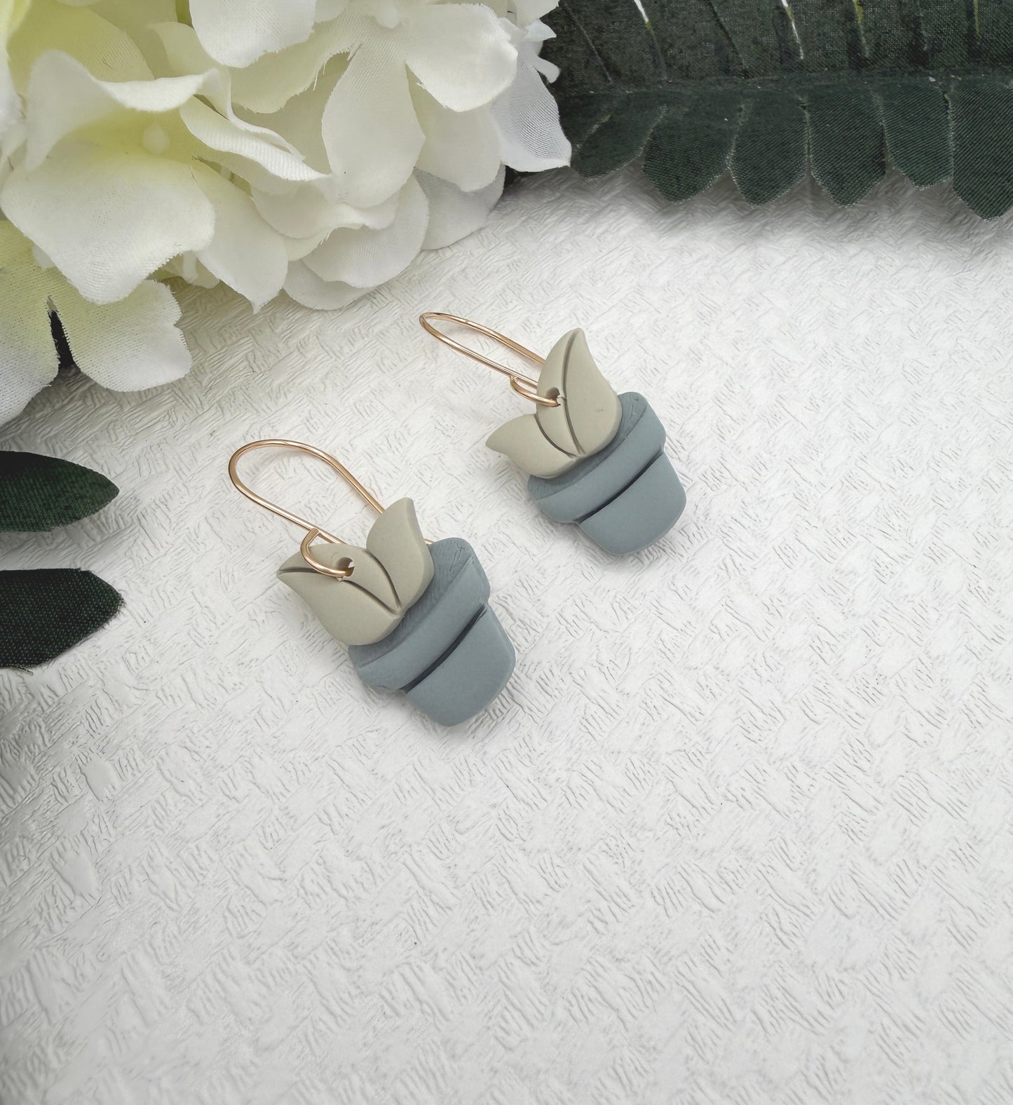 Earrings Made with Blue and Green Polymer Clay Shaped into Potted Plants PCE-1045