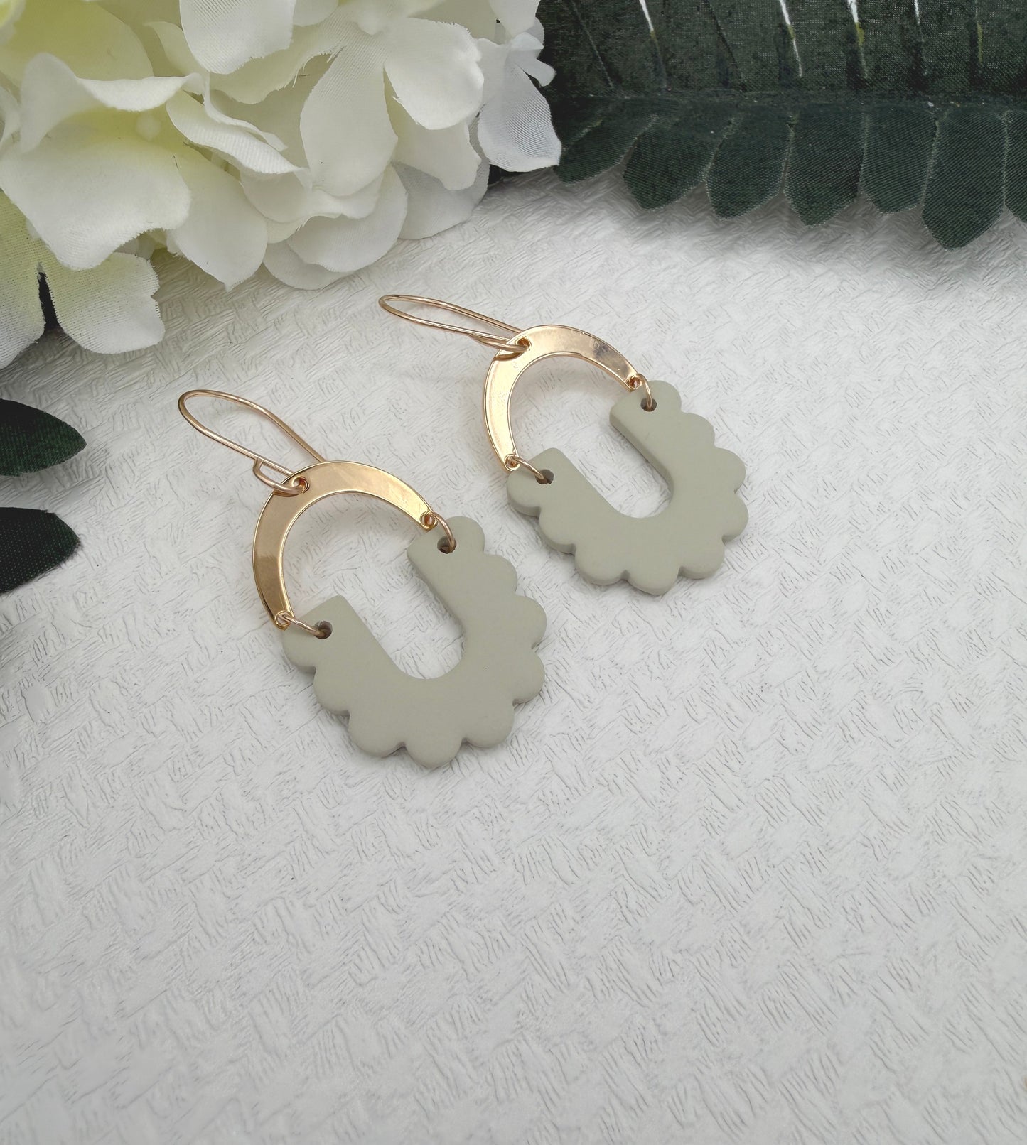 Earrings Made with Seafoam Polymer Clay Shaped into Arches with Petals and Gold Plated Arches PCE-1049