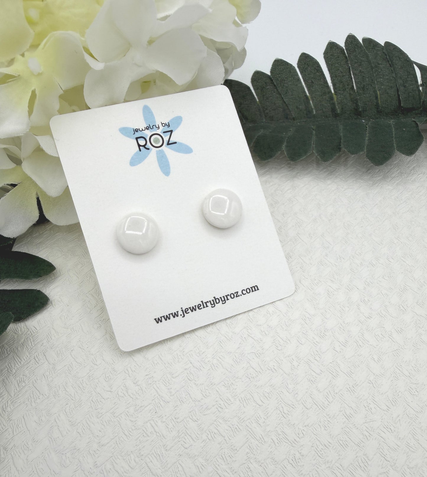 Stud Earrings Made with White Polymer Clay Circles and Sterling Silver Posts PCE-1054