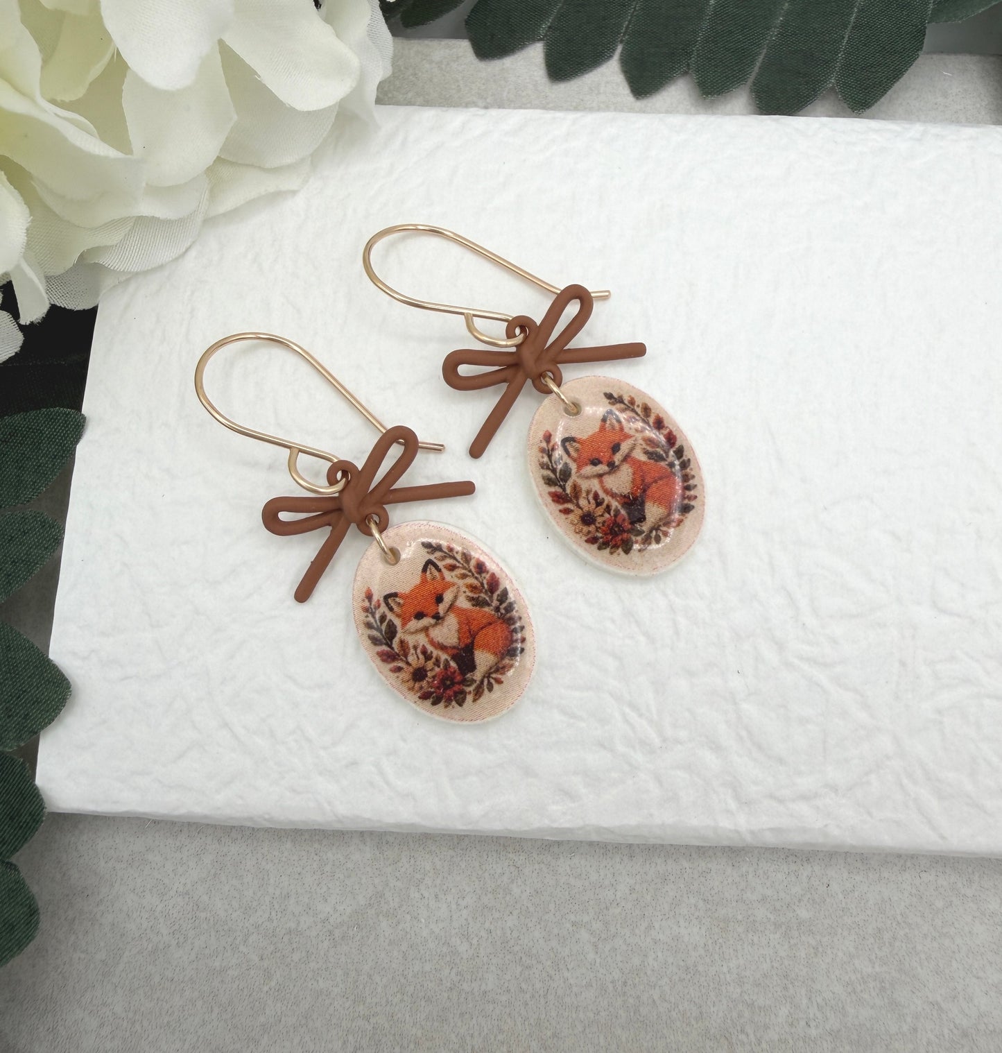 Earrings Made with Brown Bow LInks and Polymer Clay Ovals with a Fox Design and Gold Filled Earring Wires PCE-1091