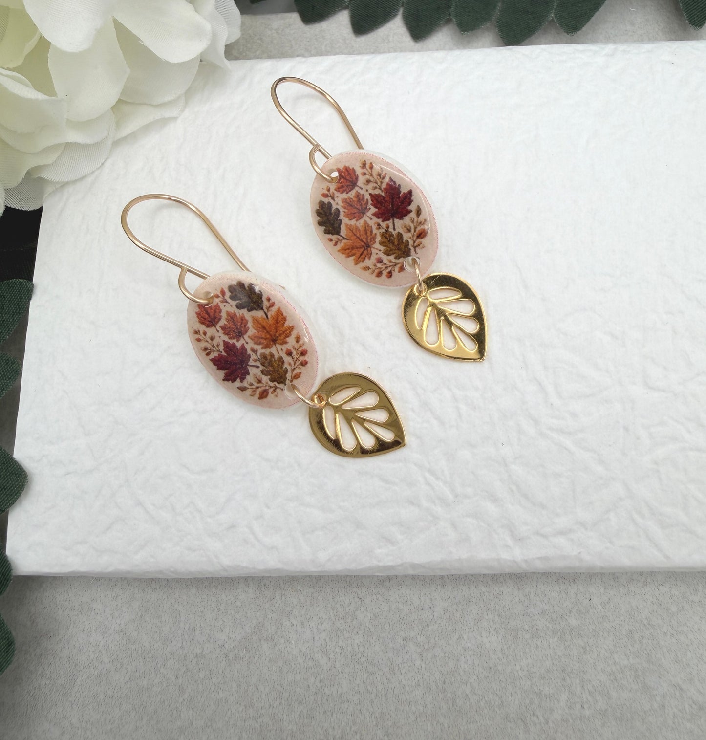 Earrings Made with Polymer Clay Ovals with a Fall Leaf Design, Gold Plated Leaves and Gold Filled Earring Wires PCE-1093