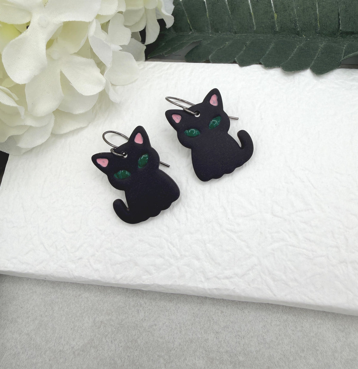 Earrings Made with Polymer Clay Black Cats with Green Eyes PCE-1095