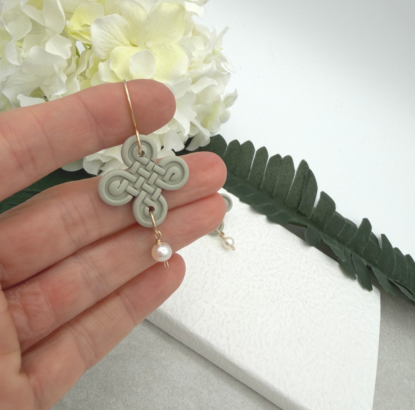 Earrings Made with Green Polymer Clay Celtic Knots with Pearls - PCE-965