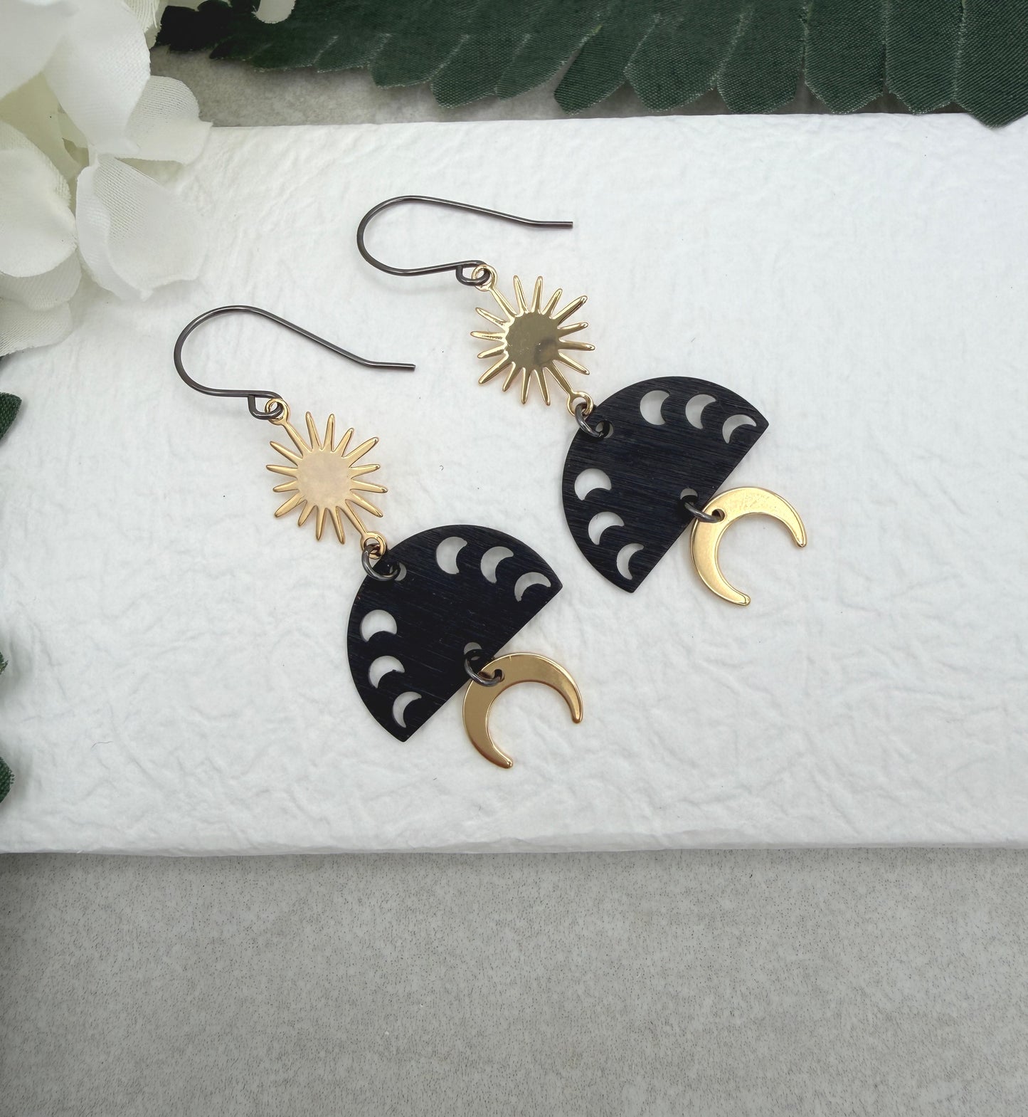 Earrings with Gold Plated, Stars, Oxidized Brass Half Circles with Crescent Moons and Gold Plated Crescent Moons SBRE-66