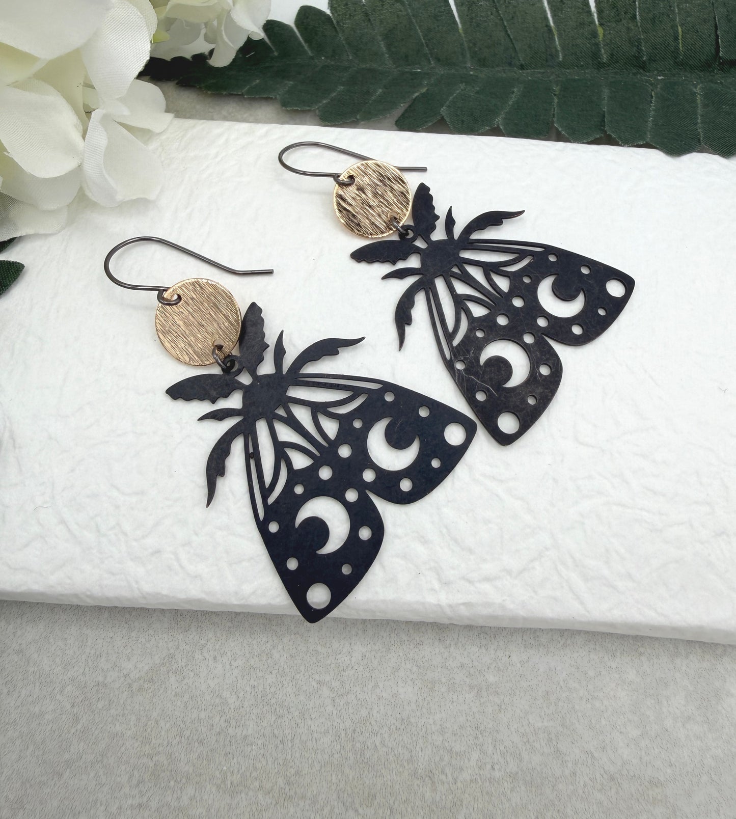 Earrings with Gold Plated Circles and Oxidized Brass Moths SBRE-68
