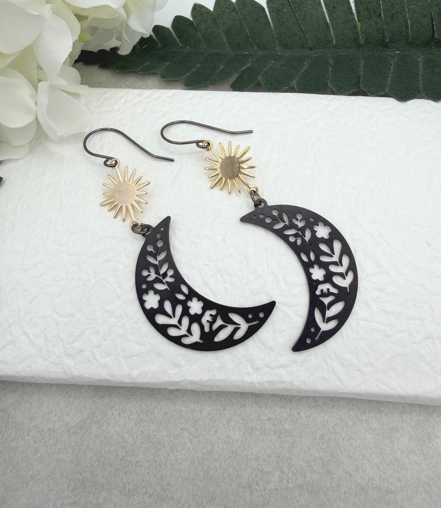 Earrings with Gold Plated Stars and Oxidized Brass Crescent Moons with Flowers SBRE-70