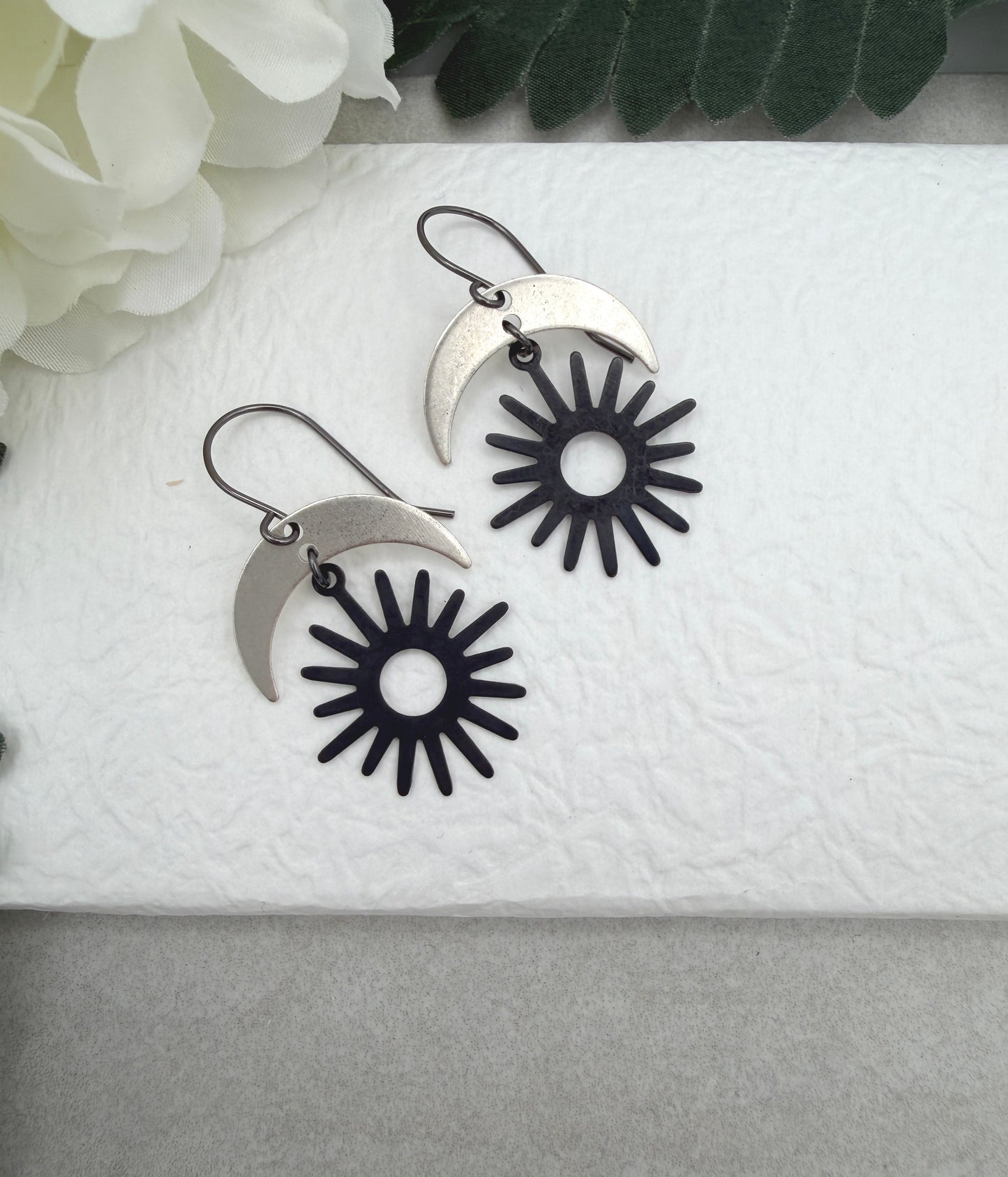 Earrings with Silver Plated Crescent Moons and Odizied Brass Star Suns SBRE-74
