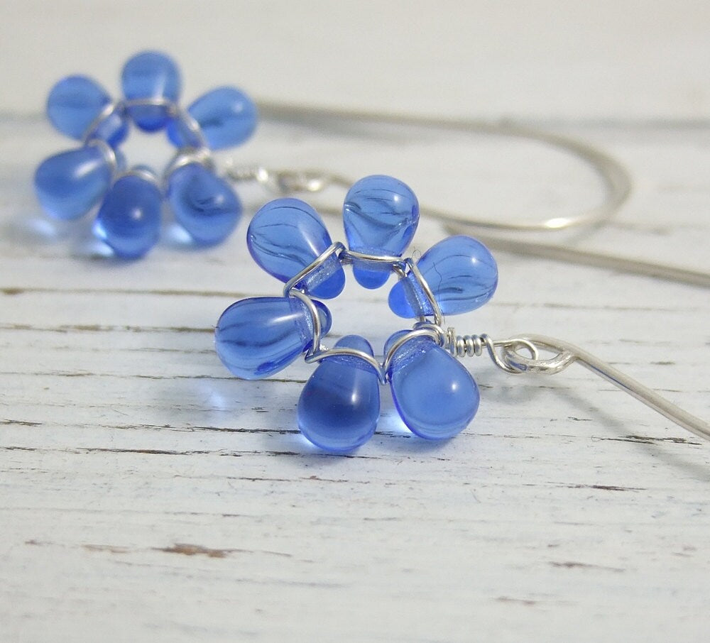 Earrings with Tiny Sapphire Blue Glass Teardrop Flowers on Large French Earring Wires FE-34