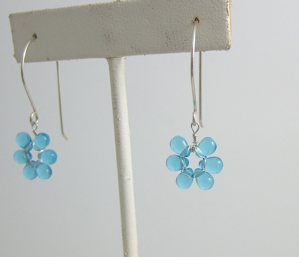 Earrings with Tiny Aqua Blue Glass Teardrop Flowers on Large French Earring Wires FE-32