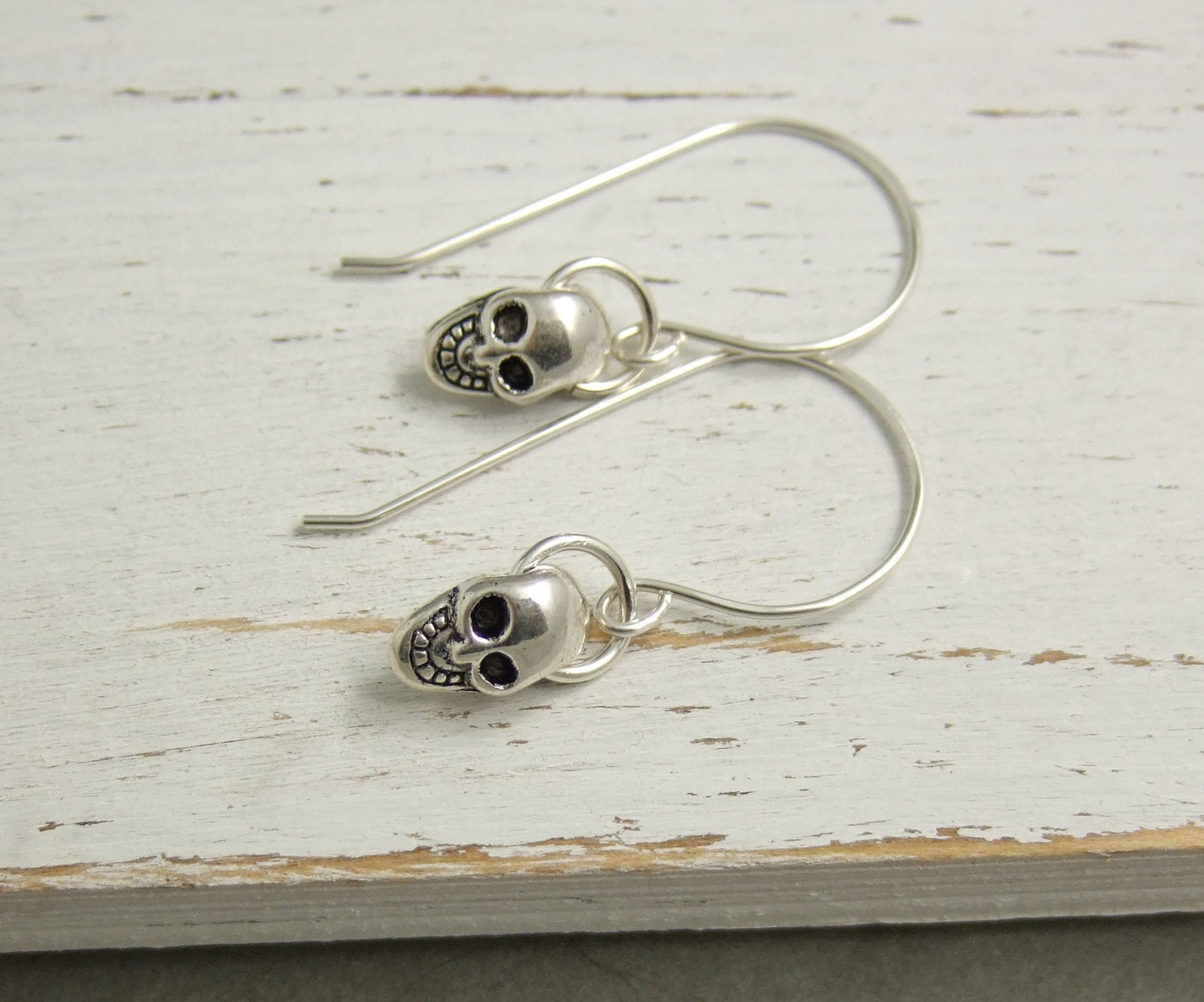 Earrings with Small Metal Skulls on Handmade Sterling Silver Earring Wires HE-449