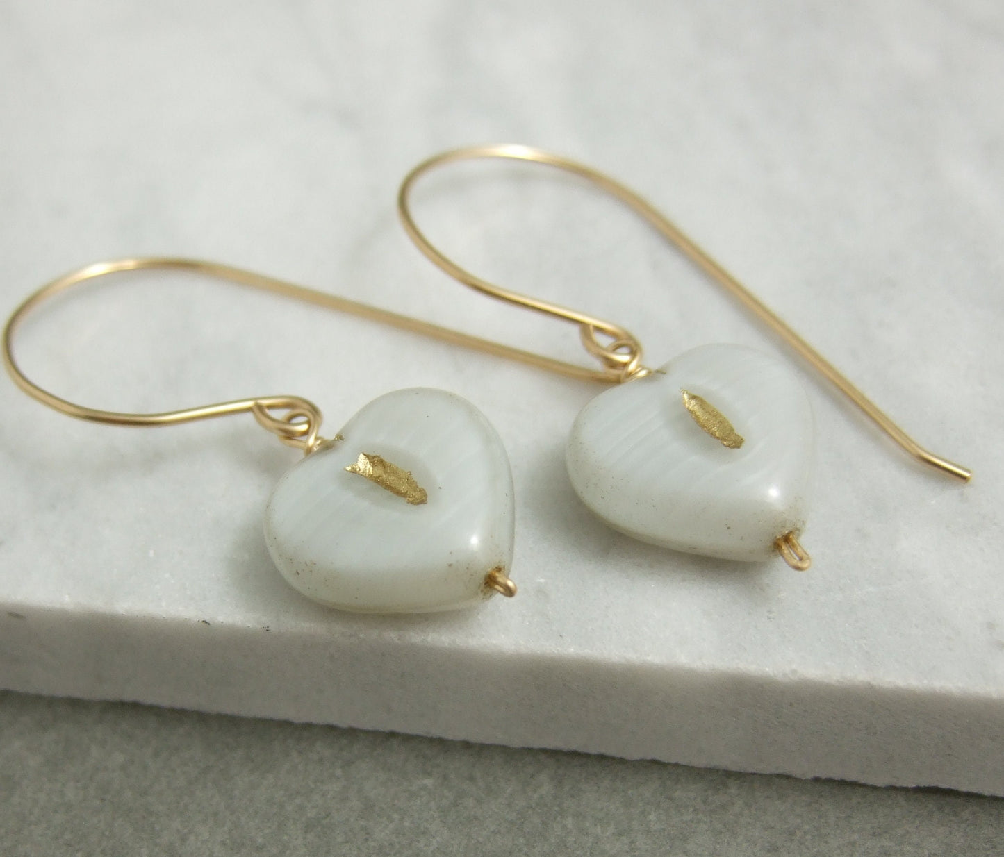 Earrings with Gray and Gold, Czech Glass Heart Beads Wire Wrapped with Gold Filled Wire to Gold Filled Earring Wires GHE-88