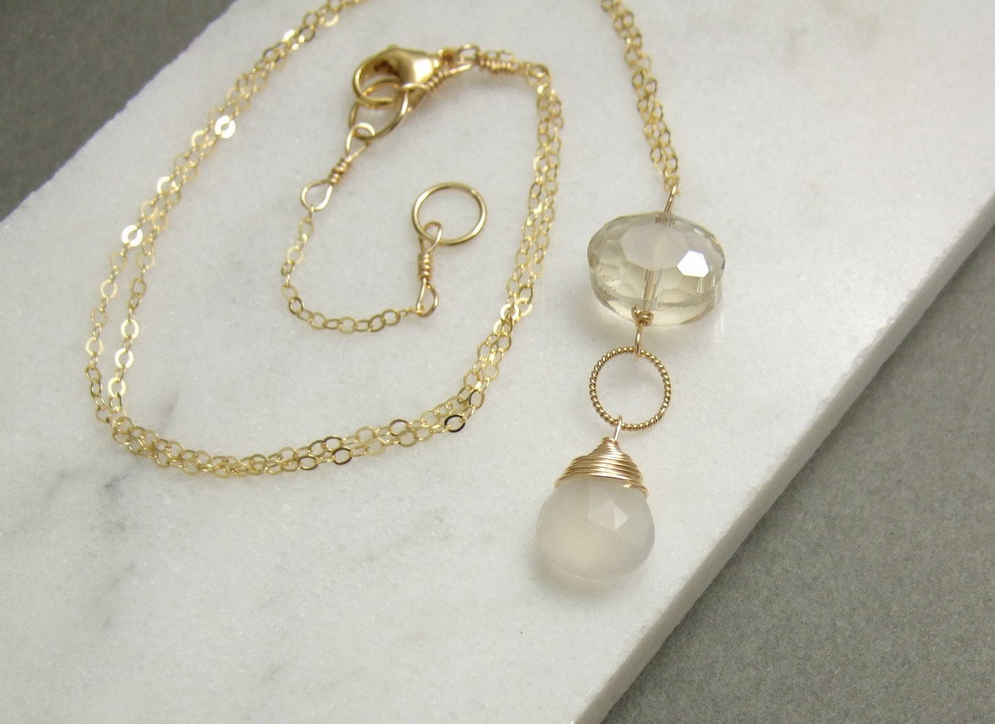 Necklace with an Oval, Champagne Crystal, Pearl Chalcedony Teardrop and Braided Loop on a 14k Gold Filled Chain GCDN-97