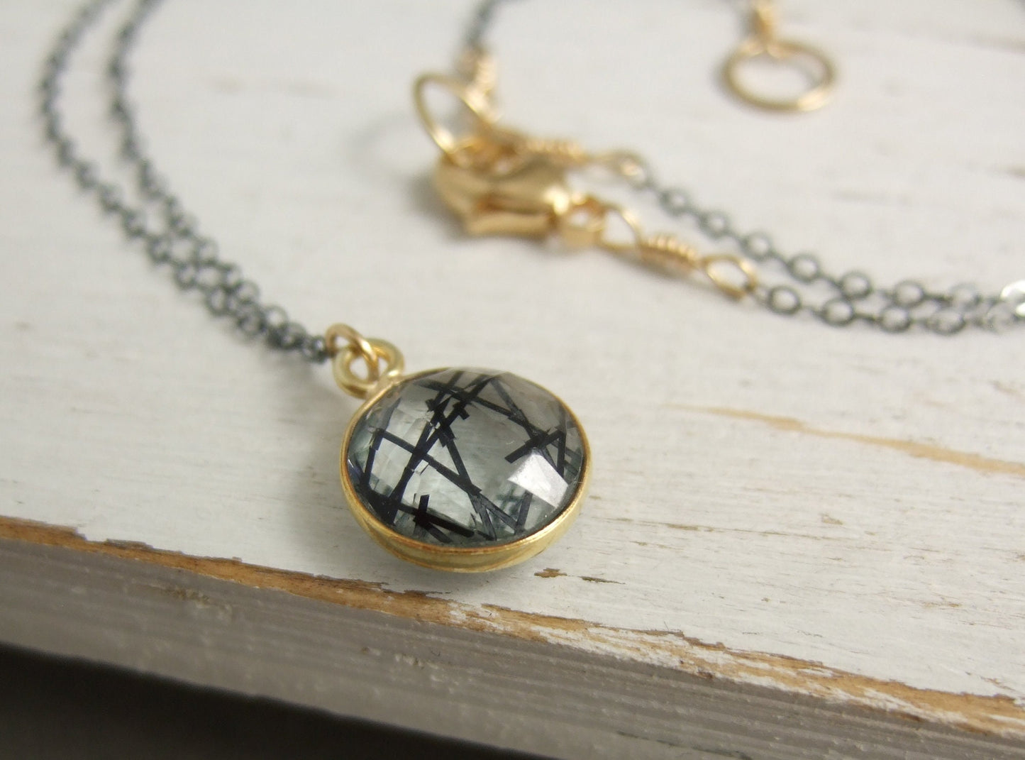 Necklace with a Gold, Bezel Set Rutilated Quartz on an Oxidized, Sterling Silver Cable Chain GCDN-109
