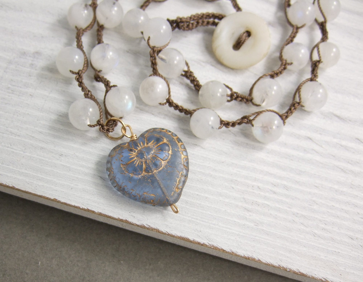 Crocheted Necklace with a Brown Cord, Moonstone Beads, and a Blue and Gold, Czech Glass Heart SN-334