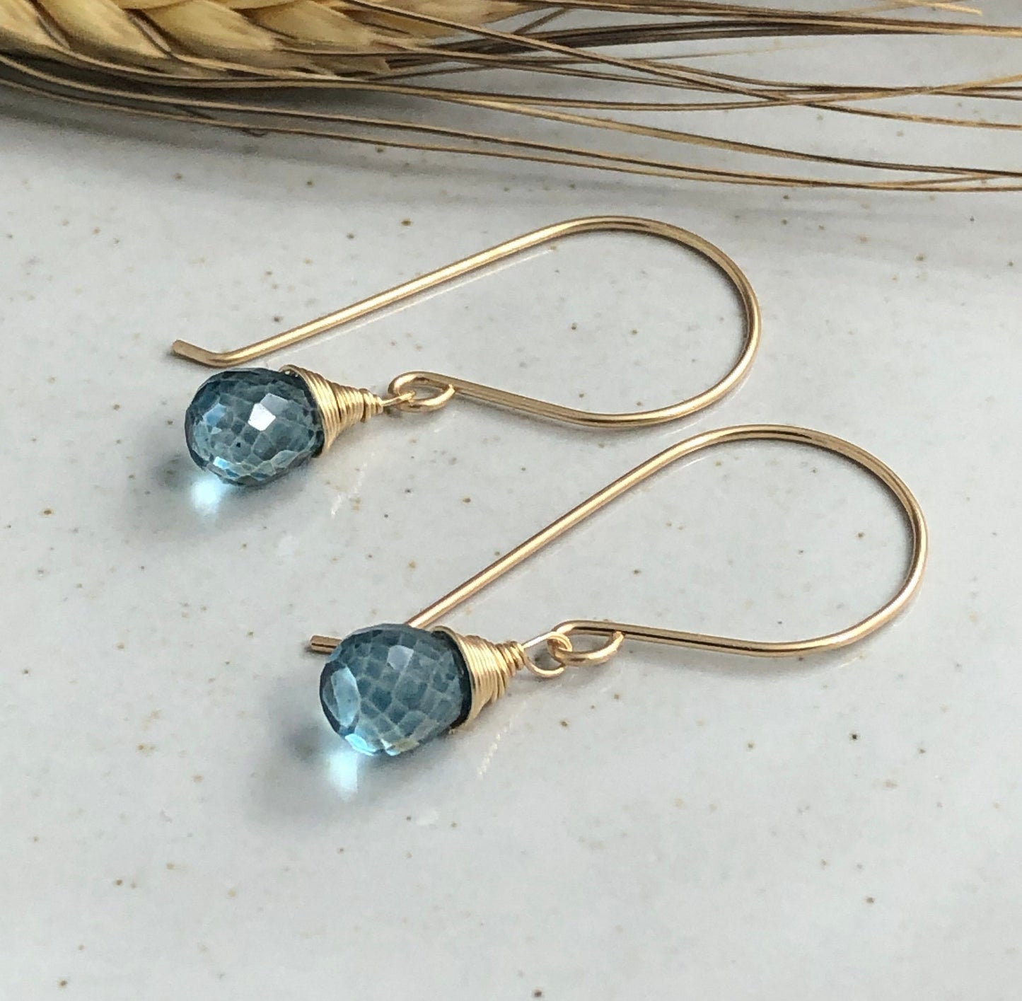 Earrings with London Blue Quartz Teardrops Wire Wrapped with 14k Gold-Filled Wire on 14k Gold Filled Earring Wires GHE-124