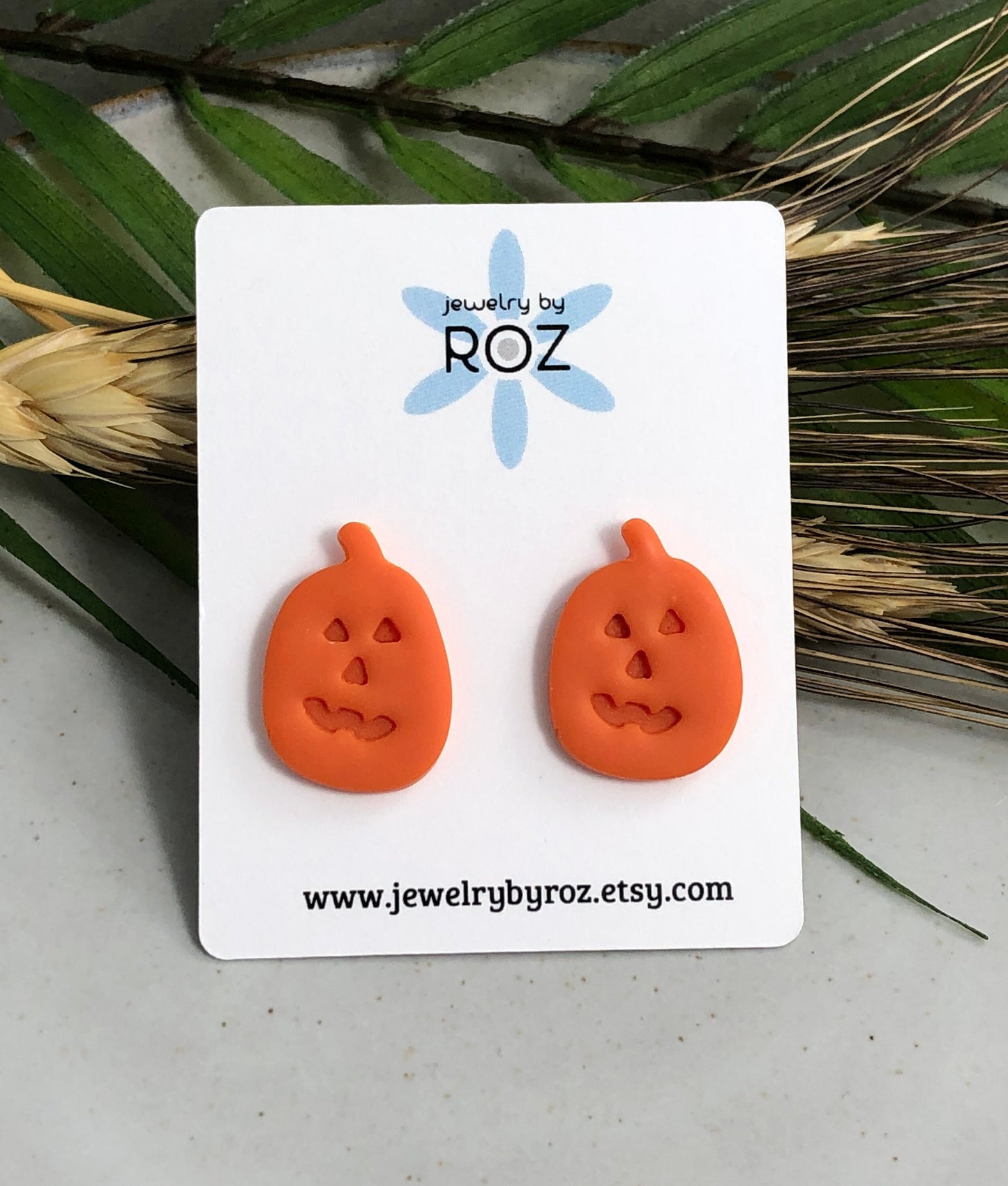 Jack O' Lantern Stud Earrings made with Orange Polymer Clay and Sterling Silver Posts PCE-262