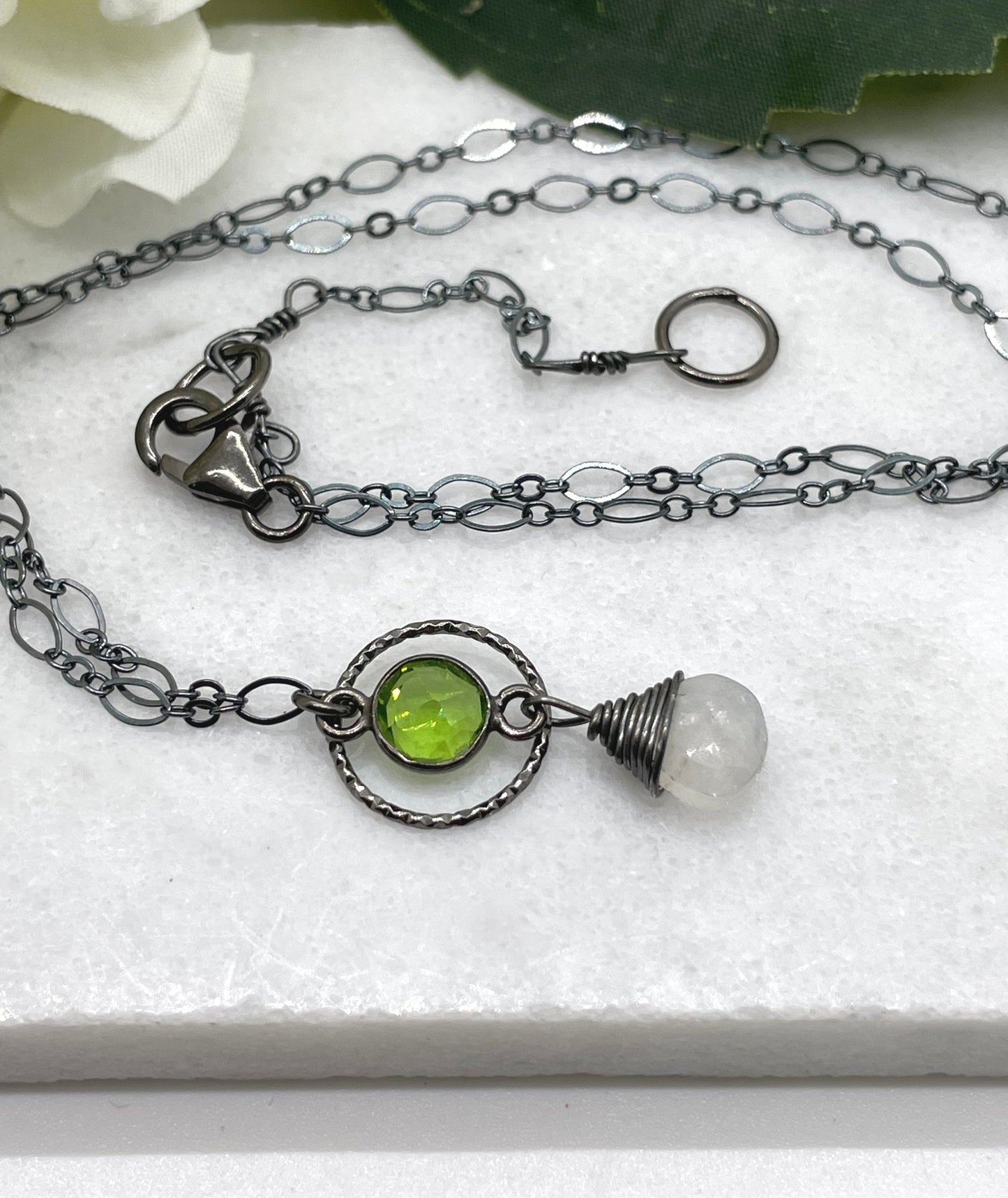 Necklace with an Oxidized Silver Loop, Bezel Set Green Quartz and Wire Wrapped Moonstone on an Oxidized, Sterling Silver Cable Chain CDN-847