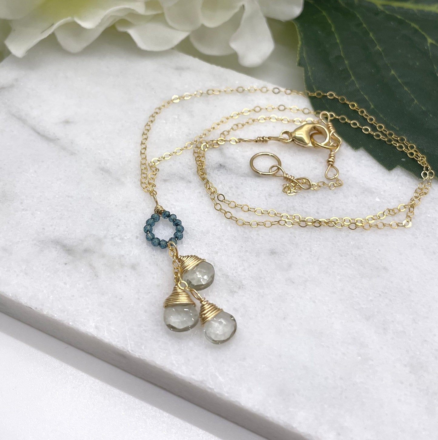 Necklace with a Circle of Blue Mystic Quartz and a Cascade of Green Amethyst Teardrops on a Gold Filled Chain GCDN-134