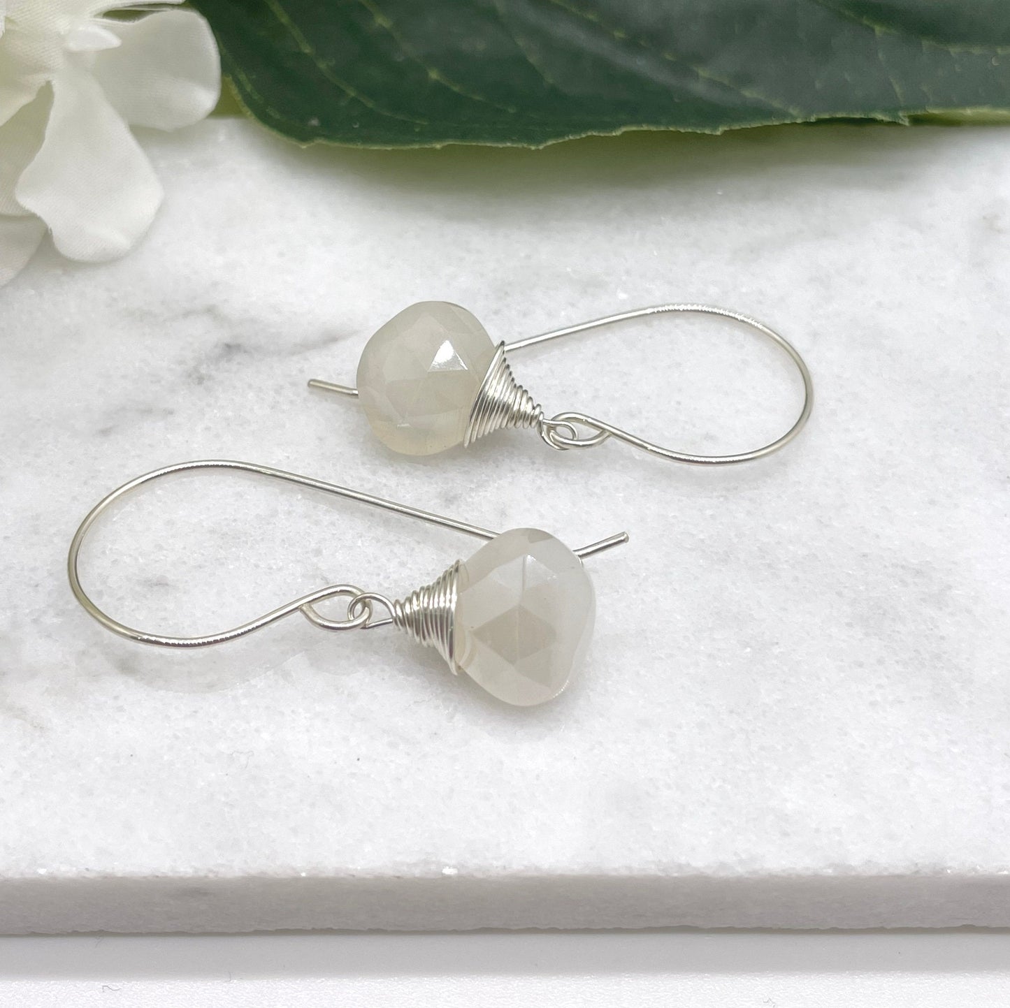 Earrings with Wire Wrapped Pearl Chalcedony Teardrops on Sterling Silver Earring Wires HE-514