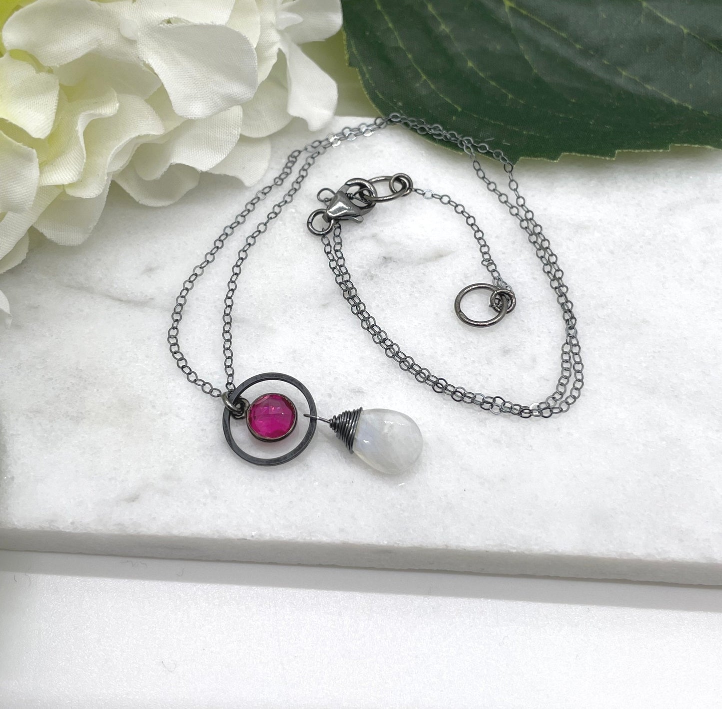 Necklace with an Oxidized Brass Loop, Bezel Set Pink Quartz and Wire Wrapped Moonstone on an Oxidized, Sterling Silver Cable Chain CDN-860