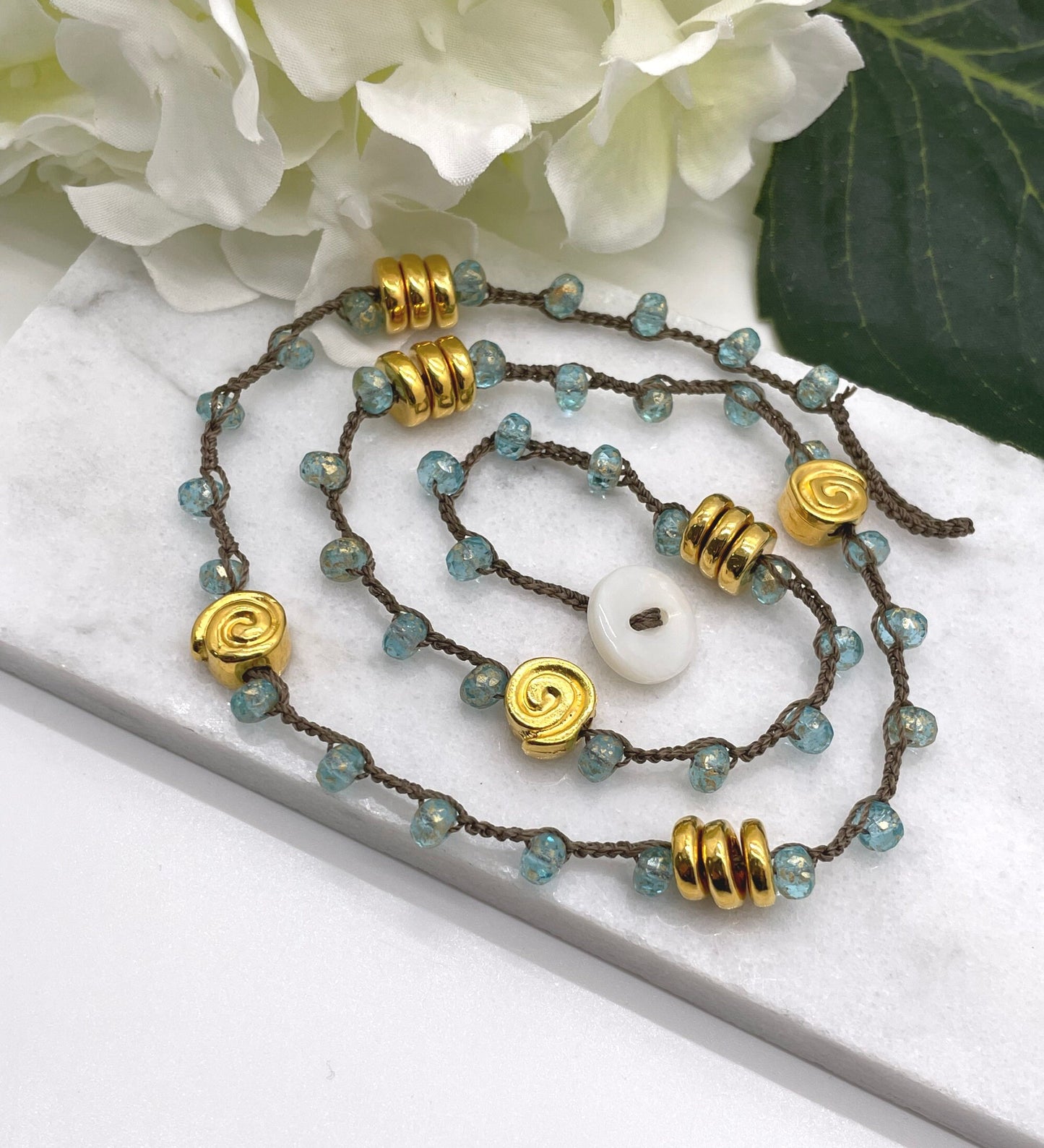 Crocheted Necklace 19 Inches with a Brown Cord, Aqua and Gold Czech Glass Beads and Gold Coated Mykonos Beads SN-607