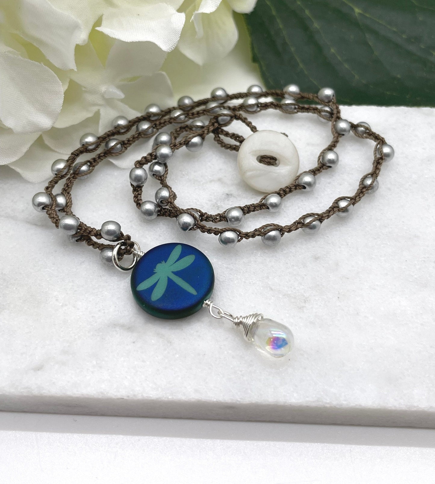 Crocheted Necklace with a Brown Cord, Silver Glass Beads and a Pendant with a Dragonfly Bead and Glass Teardrop SN-608