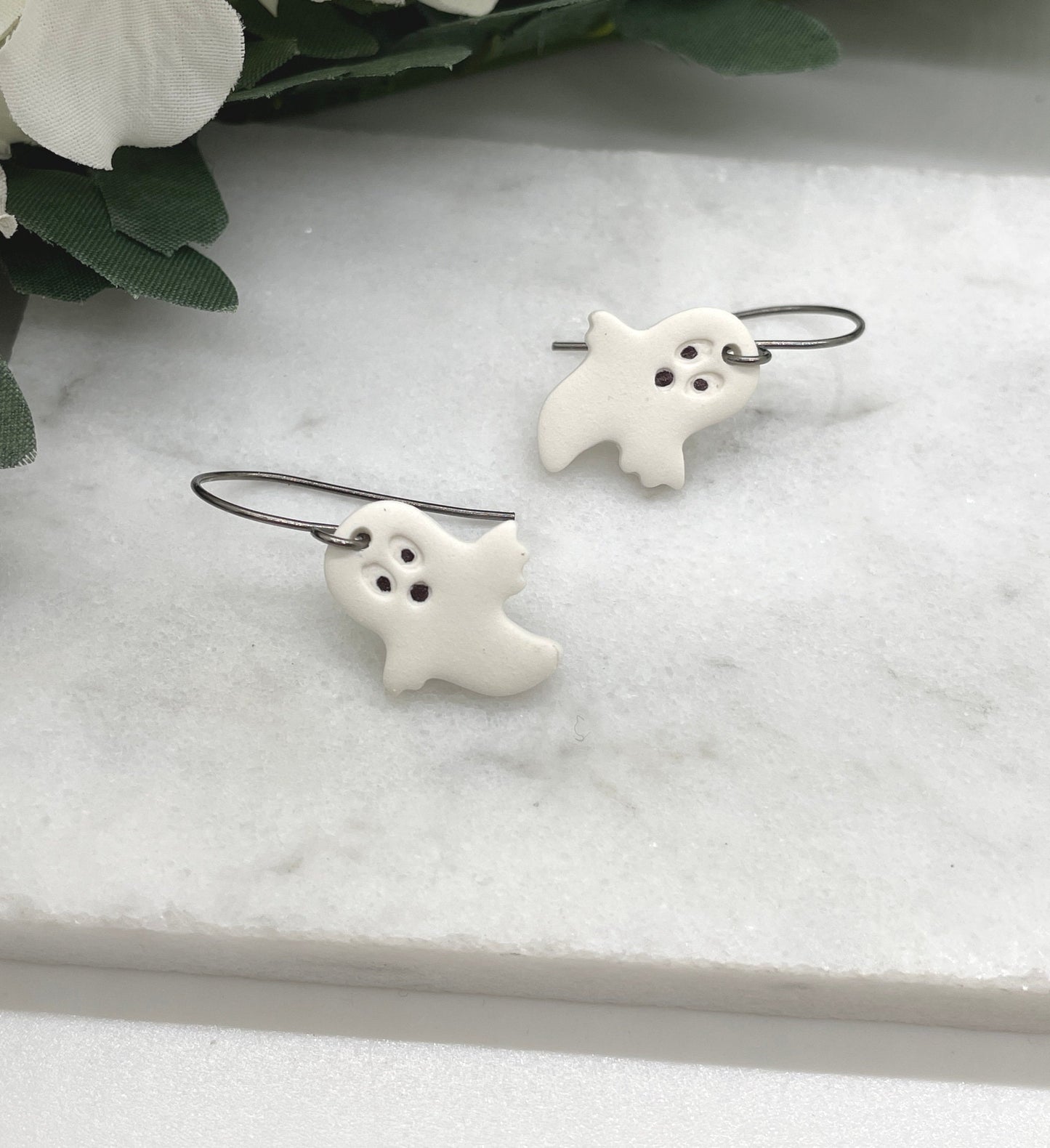 Earrings made with Tiny White Polymer Clay Ghosts on Oxidized, Sterling Silver Earring Wires PCE-570