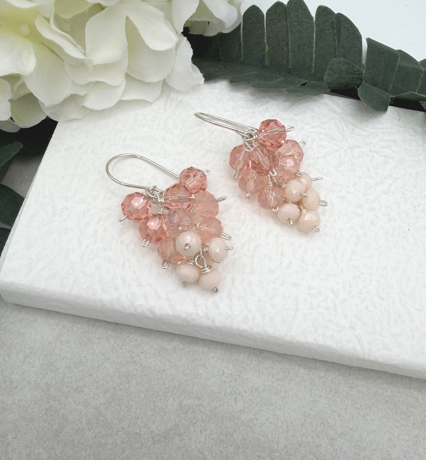 Earrings with Clusters of Wire Wrapped Pink, Peach and Cream Crystal Beads BE-224