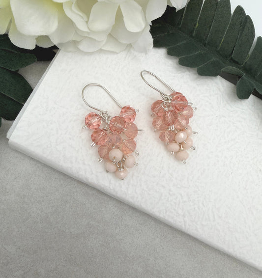Earrings with Clusters of Wire Wrapped Pink, Peach and Cream Crystal Beads BE-224