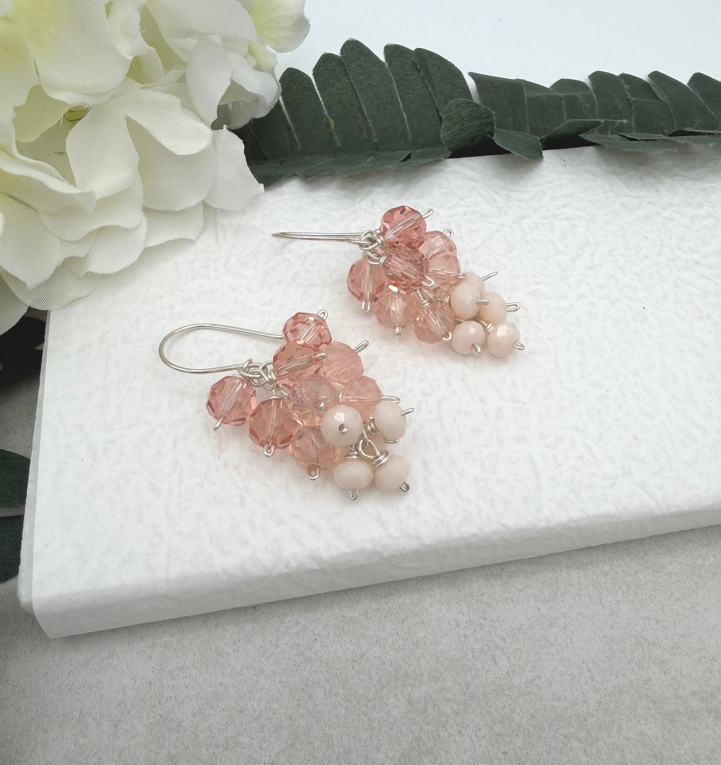 Earrings with Clusters of Wire Wrapped Pink, Peach and Cream Crystal Beads BE-224