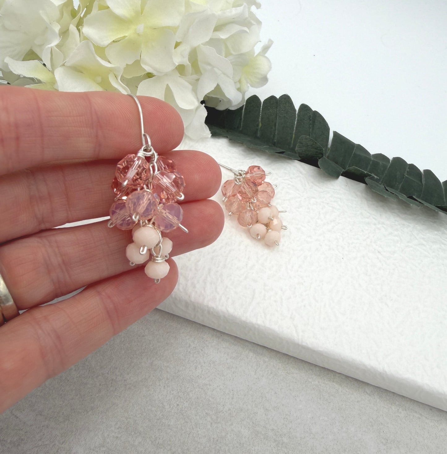Earrings with Clusters of Wire Wrapped Pink, Peach and Cream Crystal Beads BE-224