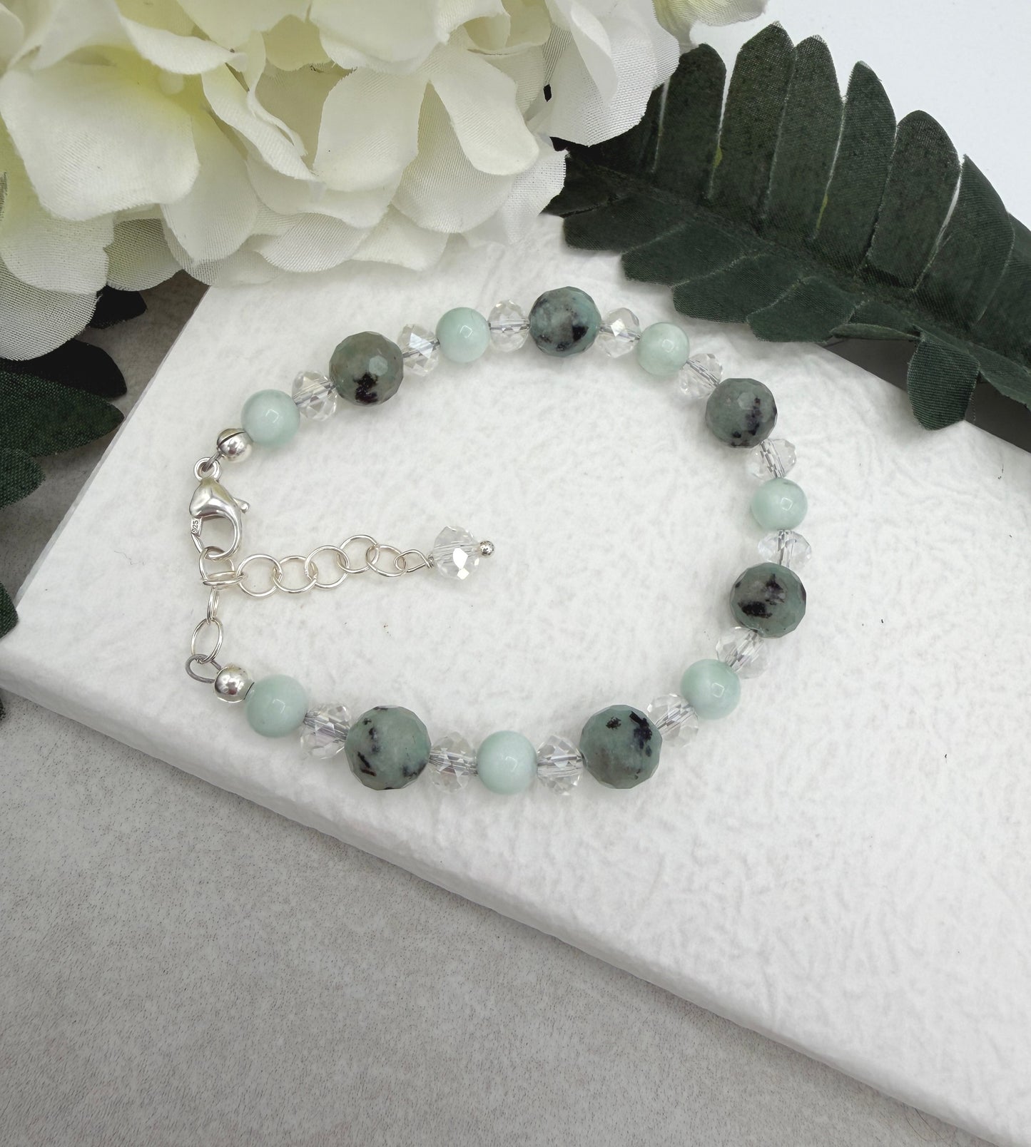 Bracelet with Green Angelite, Agate, Crystal Beads and Sterling Silver BNB-15