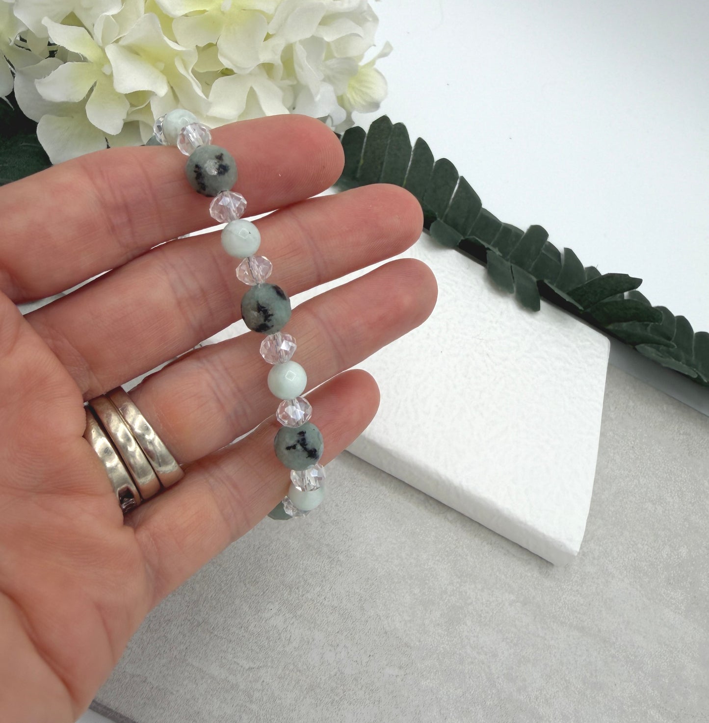 Bracelet with Green Angelite, Agate, Crystal Beads and Sterling Silver BNB-15