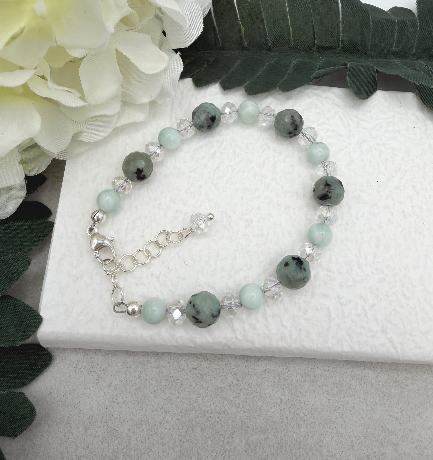 Bracelet with Green Angelite, Agate, Crystal Beads and Sterling Silver BNB-15