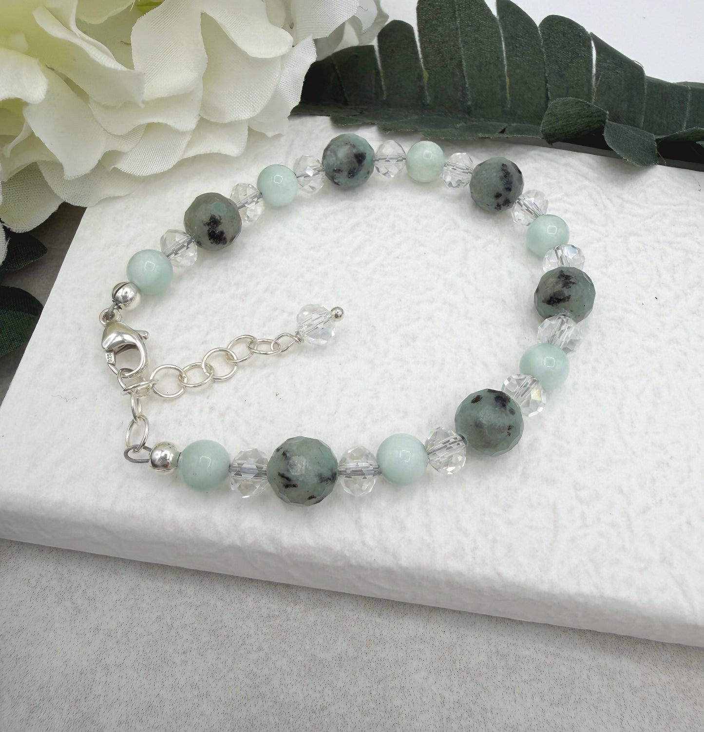 Bracelet with Green Angelite, Agate, Crystal Beads and Sterling Silver BNB-15