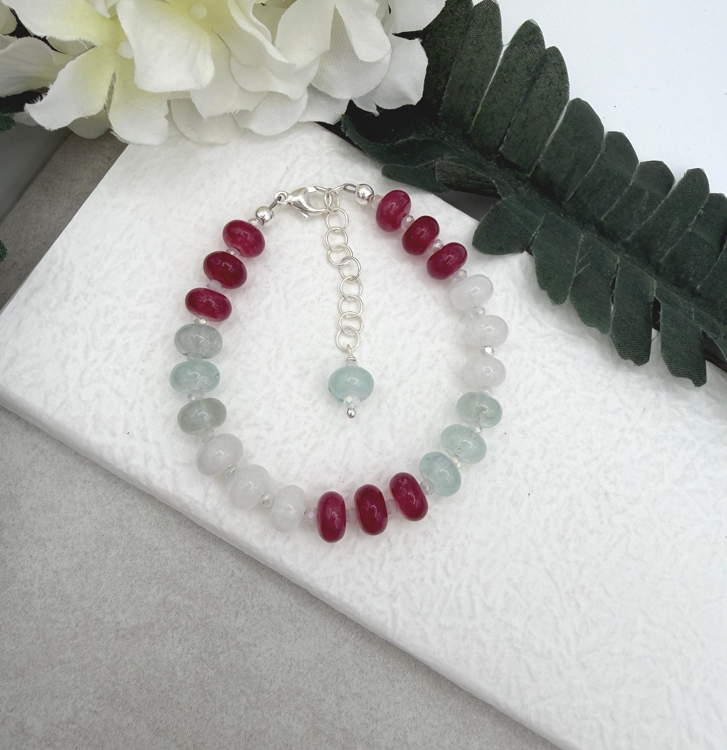 Bracelet with White, Pink and Blue Jade Rondelles and Crystal Spacers BNB-16