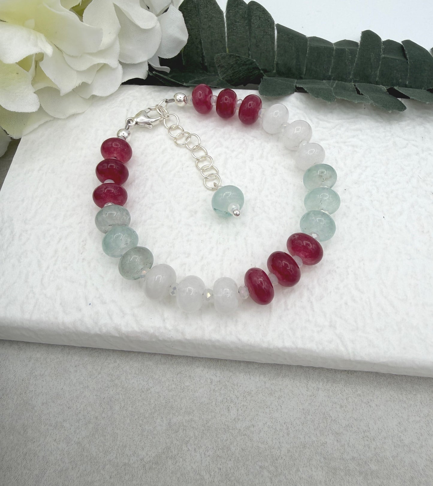 Bracelet with White, Pink and Blue Jade Rondelles and Crystal Spacers BNB-16