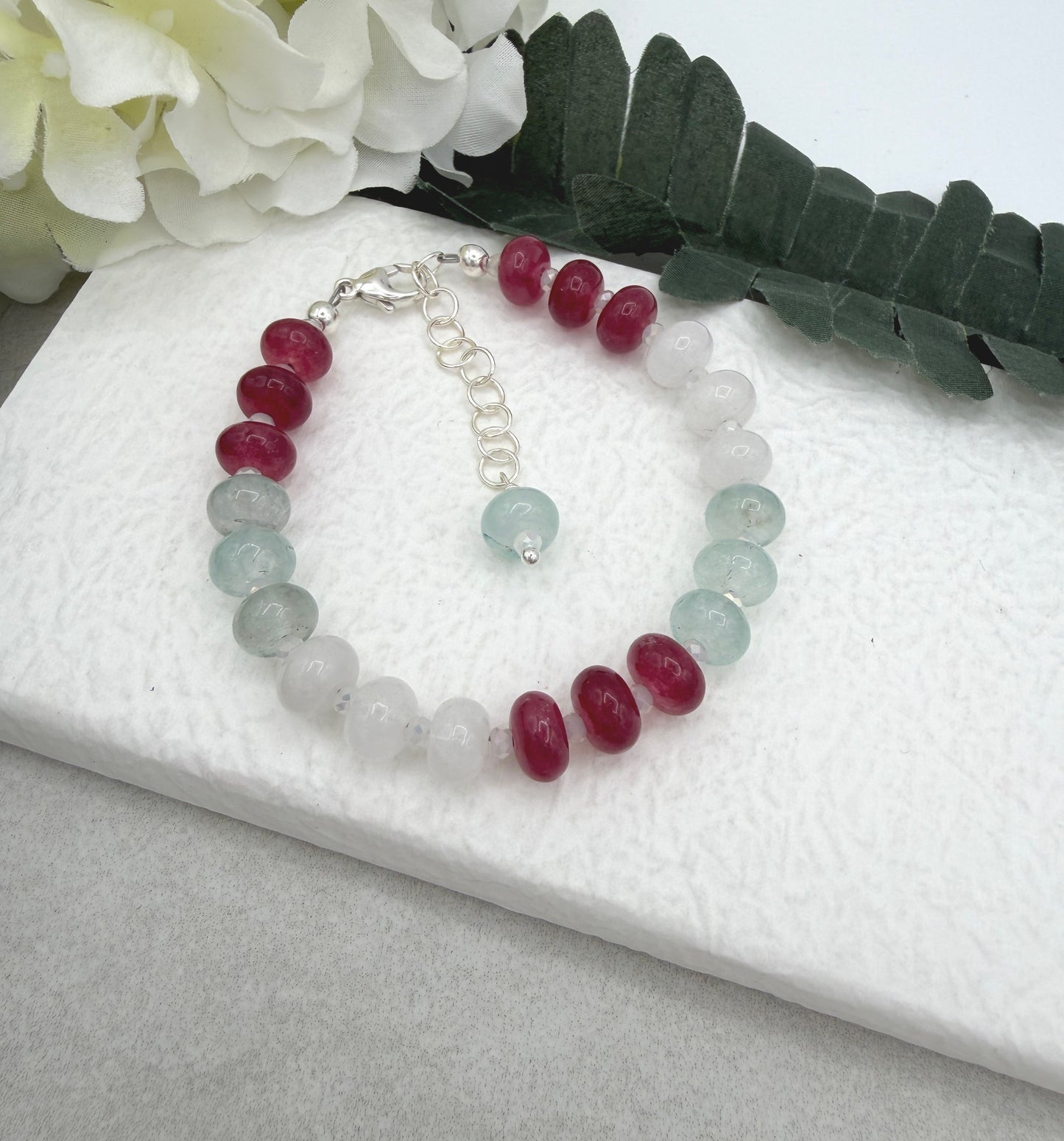 Bracelet with White, Pink and Blue Jade Rondelles and Crystal Spacers BNB-16