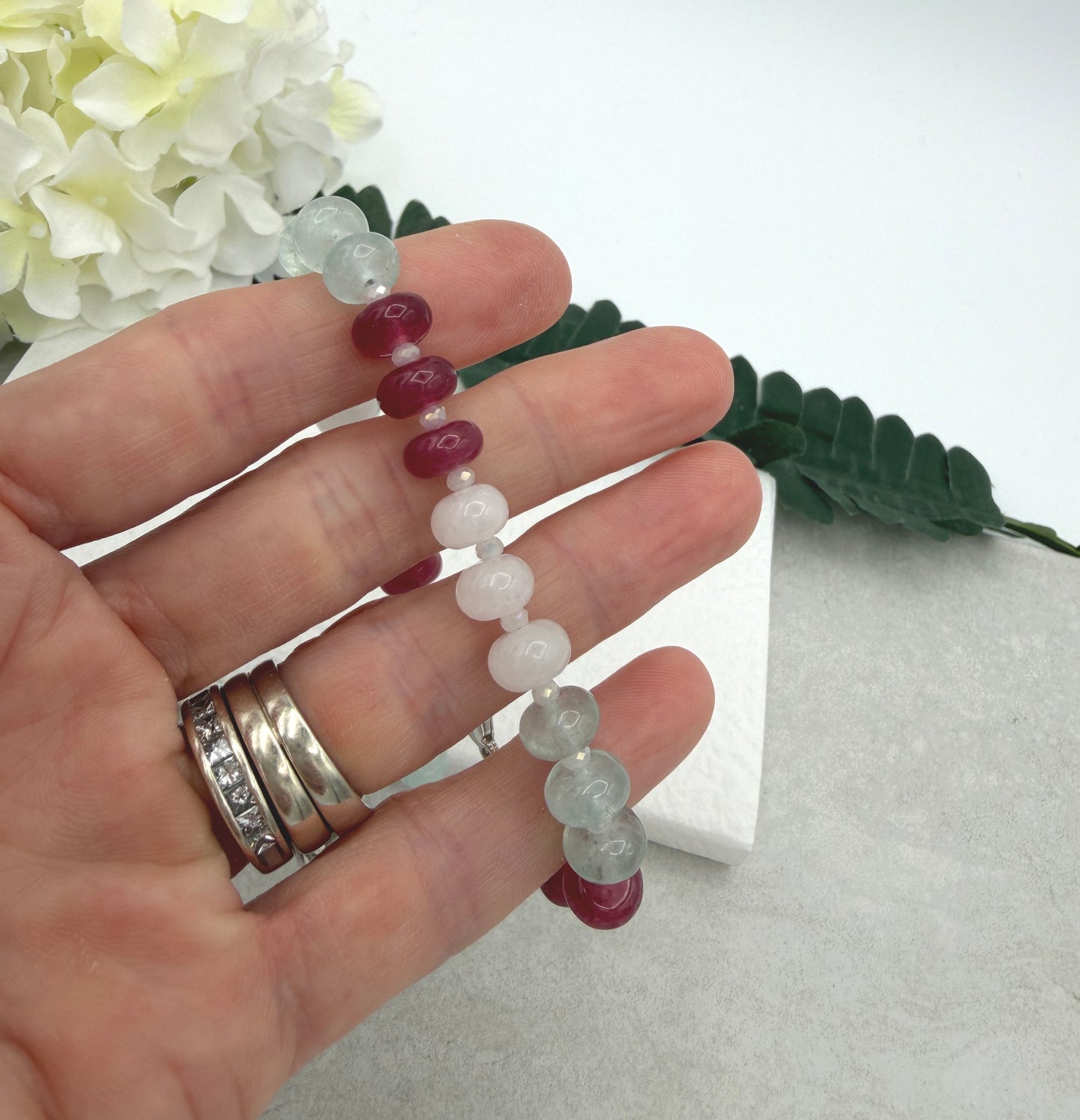 Bracelet with White, Pink and Blue Jade Rondelles and Crystal Spacers BNB-16