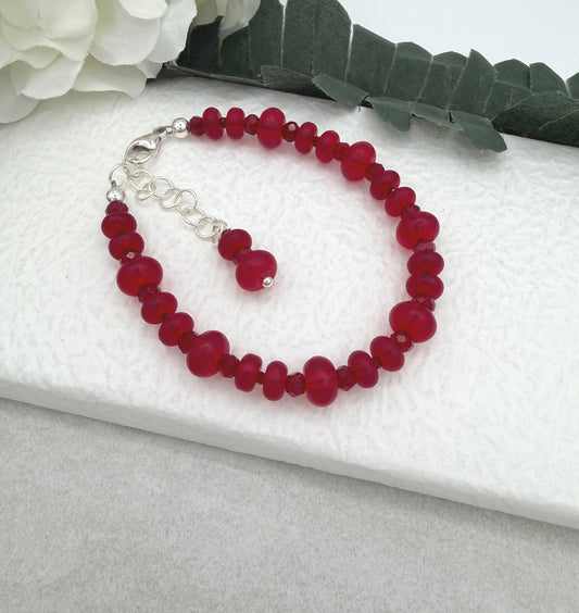 Bracelet with Frosted Red Glass and Red Crystal Beads BNB-17