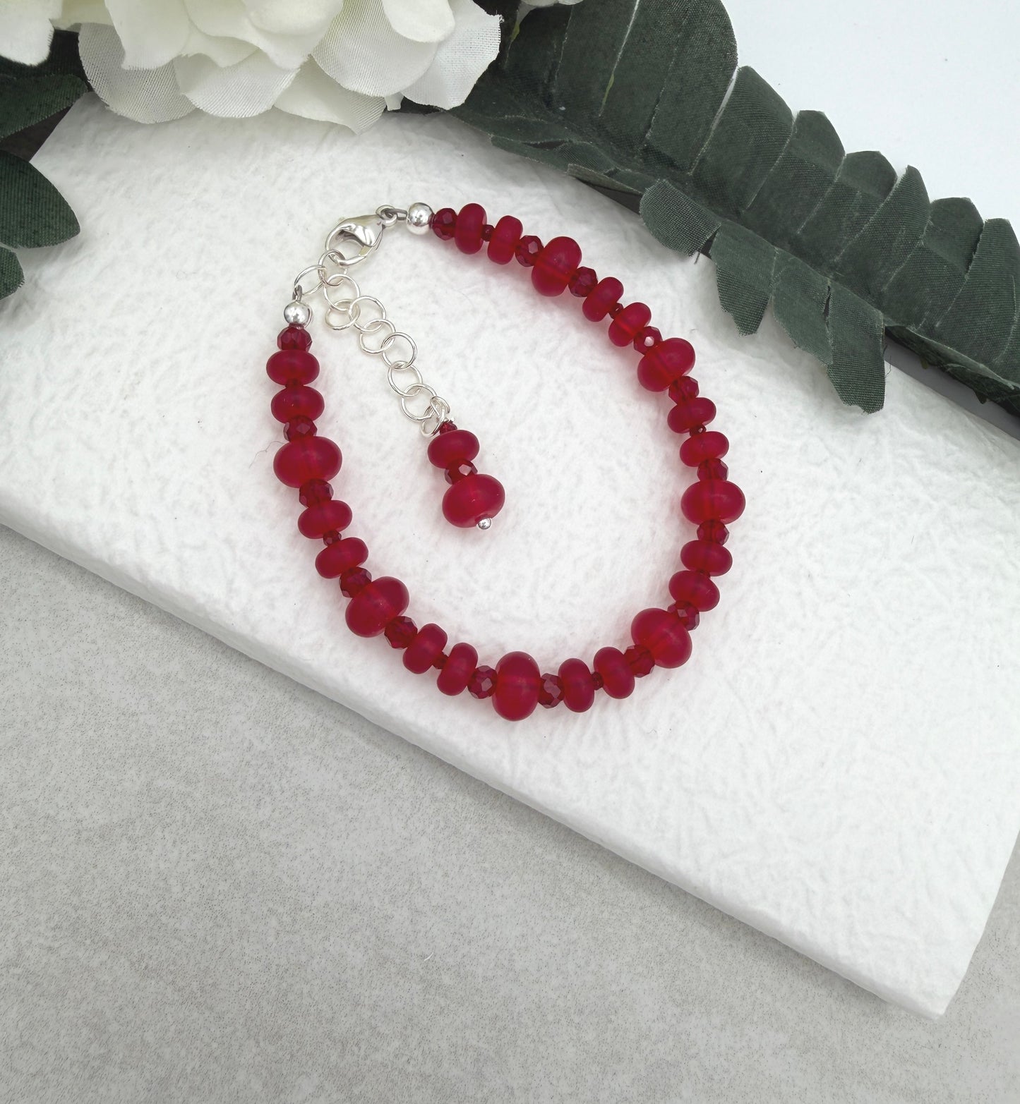 Bracelet with Frosted Red Glass and Red Crystal Beads BNB-17