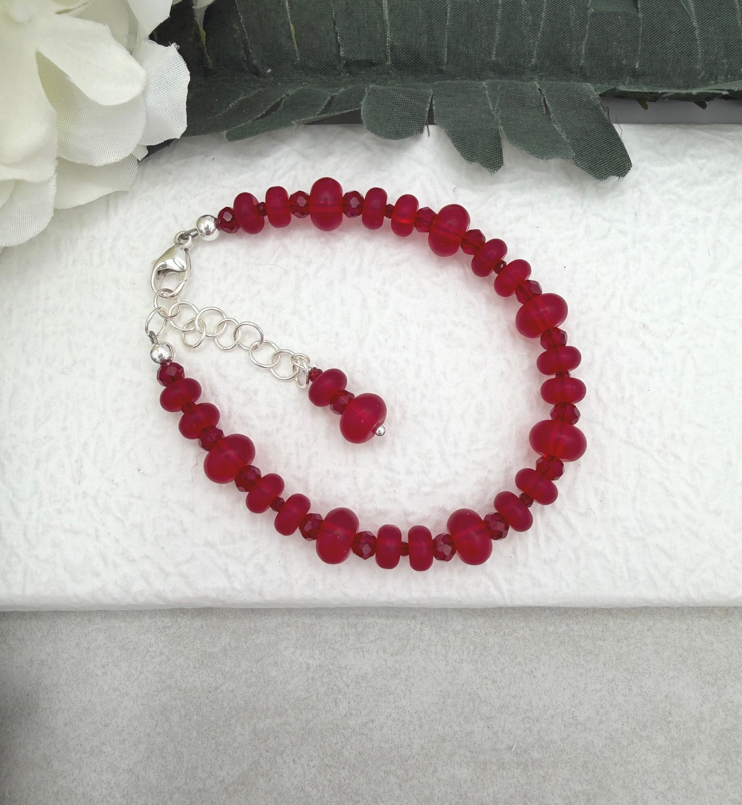 Bracelet with Frosted Red Glass and Red Crystal Beads BNB-17