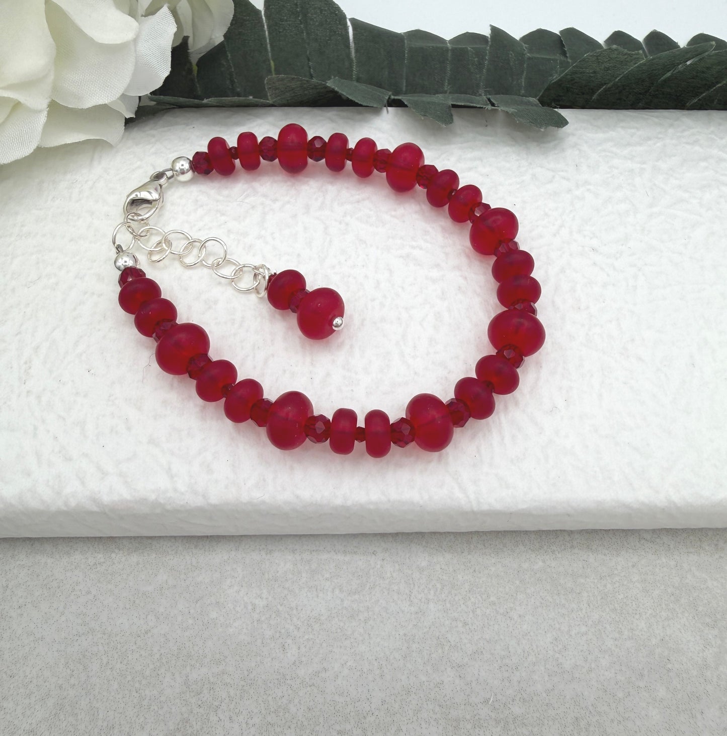 Bracelet with Frosted Red Glass and Red Crystal Beads BNB-17