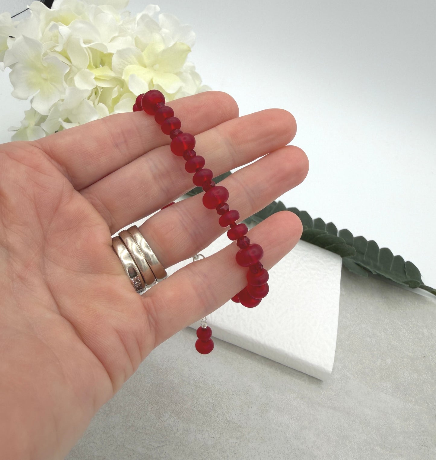 Bracelet with Frosted Red Glass and Red Crystal Beads BNB-17