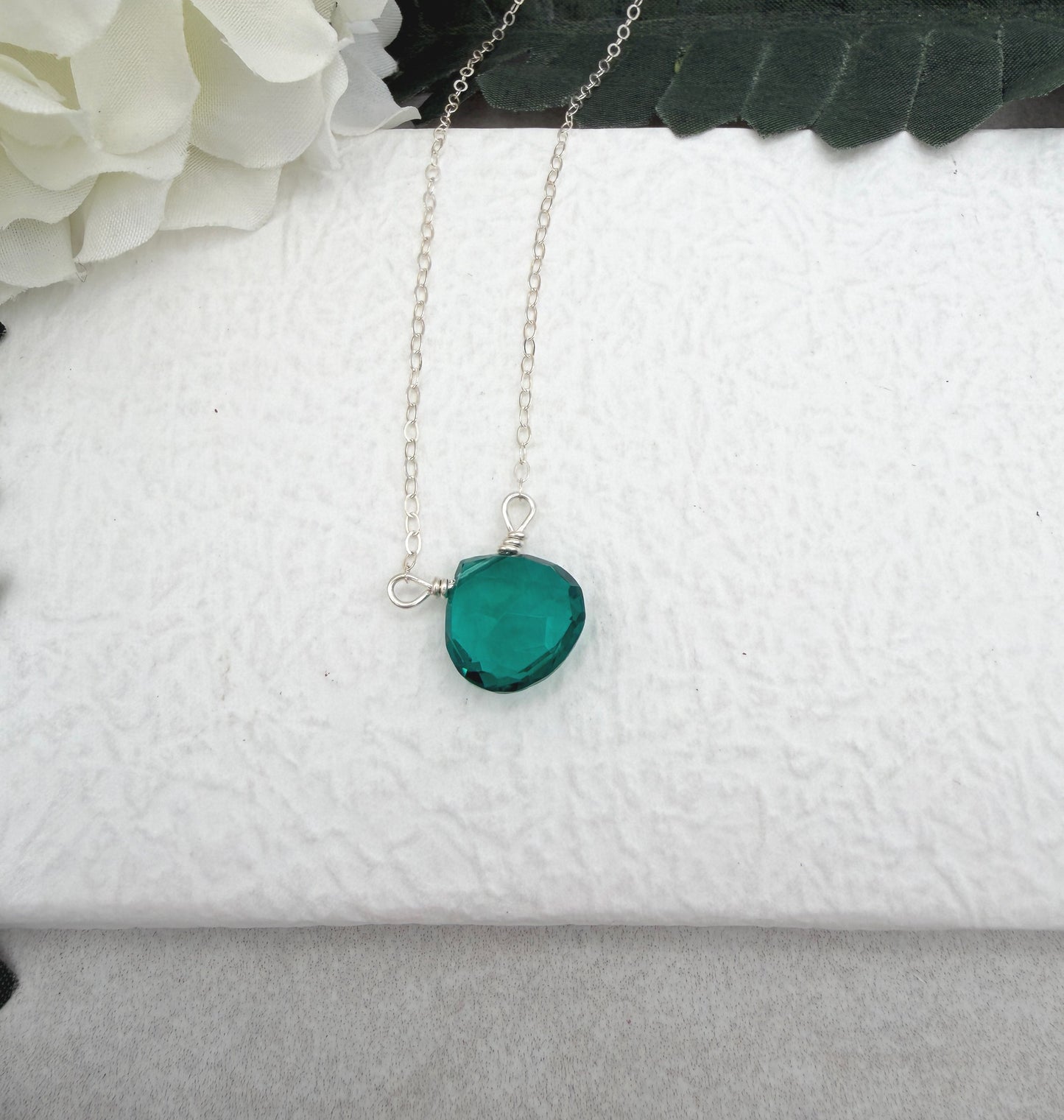 Necklace with a Teal Quartz Teardrop, Wire Wrapped to a Sterling Silver Cable Chain CDN-931